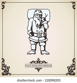 Vintage vector Christmas card background. Santa Claus with sack full of gifts isolated on aged paper.