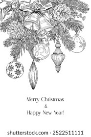 Vintage Vector Christmas illustration with bells, bow, toys, fir branches, pine cones, holly berries, mistletoe. Black white Hand drawn background for design greeting card, holiday decor