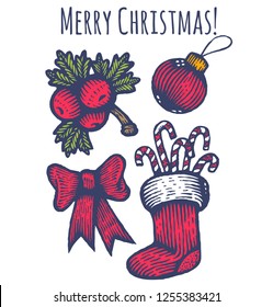 Vintage vector Christmas toys in engraving style. Vintage icons for Christmas and New year.
