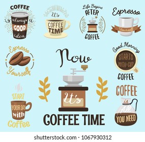Vintage vector coffeeshop logo text labels and coffee drink love quote ribbon logo coffeebeans badges calligraphy break typography lettering