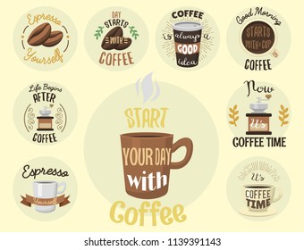 Vintage vector coffeeshop logo text labels and coffee drink love quote ribbon logo coffeebeans badges calligraphy break typography lettering