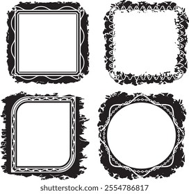 A Vintage vector Collection of Four Distinct Grunge-Style Photo Frames with Unique Textured Borders for Artistic and Creative Projects, grunge photo frame border set.