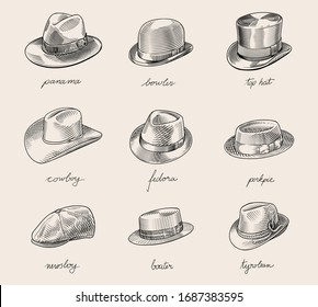 Vintage vector collection of men's hats in engraved drawing line art style, black and white. 