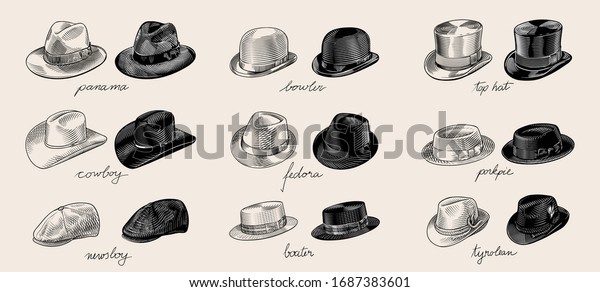 Vintage\
vector collection of men\'s hats in engraved drawing line art style.\
High quality black and white illustration.\
