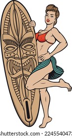 Vintage vector colour illustration with pin up girl with a surfboard on a white background