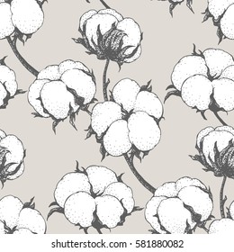 Vintage vector cotton flowers seamless pattern. Engraving technique. Can be used for a rustic wedding, greeting cards, textile or prints.