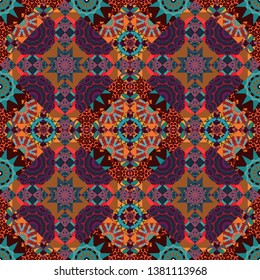 Vintage vector decorative elements in blue, brown and purple colors. Islam, Arabic, Indian, ottoman motifs. Perfect for printing on fabric or paper. Seamless pattern tile with mandalas.