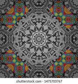 Vintage vector decorative elements in blue, gray and red tones. Seamless pattern tile. Perfect for printing on fabric or paper. Islam, Arabic, Indian, ottoman motifs.