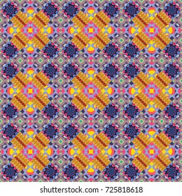 Vintage vector decorative elements in blue, violet and yellow tones. Perfect for printing on fabric or paper. Islam, Arabic, Indian, ottoman motifs. Seamless pattern tile.