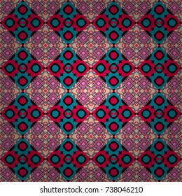 Vintage vector decorative elements in blue, red and black tones. Seamless pattern tile. Perfect for printing on fabric or paper. Islam, Arabic, Indian, ottoman motifs.