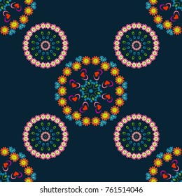 Vintage vector decorative elements in blue, pink and orange colors. Islam, Arabic, Indian, ottoman motifs. Seamless pattern tile with mandalas. Perfect for printing on fabric or paper.