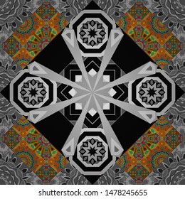 Vintage vector decorative elements in gray, orange and blue colors. Islam, Arabic, Indian, ottoman motifs. Perfect for printing on fabric or paper. Seamless pattern tile with mandalas.