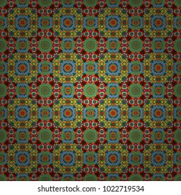 Vintage vector decorative elements in green, yellow and blue colors. Perfect for printing on fabric or paper. Islam, Arabic, Indian, ottoman motifs. Seamless pattern tile with mandalas.