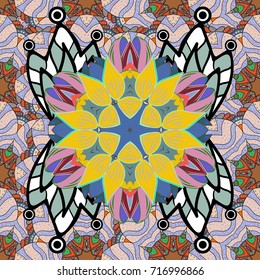 Vintage vector decorative elements. Islam, Arabic, Indian, turkish, pakistan, chinese, ottoman motifs. Oriental pattern. Colored Mandalas on neutral, blue and black colors.