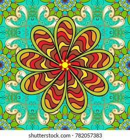 Vintage vector decorative elements. Islam, Arabic, Indian, turkish, pakistan, chinese, ottoman motifs. Oriental pattern. Colored Mandalas on blue, yellow and green colors.