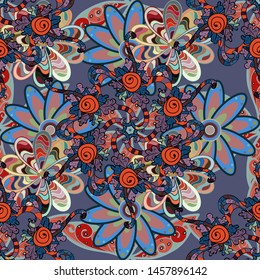 Vintage vector decorative elements. Oriental pattern. Colored Flowers on blue, neutral and orange colors. Islam, Arabic, Indian, turkish, pakistan, chinese, ottoman motifs.
