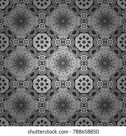 Vintage vector decorative elements in white, gray and black tones. Islam, Arabic, Indian, ottoman motifs. Seamless pattern tile. Perfect for printing on fabric or paper.