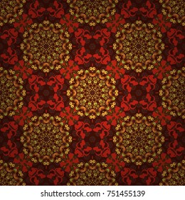 Vintage vector decorative elements in yellow, brown and red colors. Islam, Arabic, Indian, ottoman motifs. Seamless pattern tile with mandalas. Perfect for printing on fabric or paper.