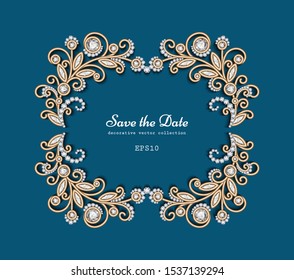 Vintage vector decorative frame with diamond jewelry flowers on blue background, elegant floral decoration for wedding invitation or save the date card design with place for text