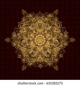 Vintage vector decorative ornament. Ethnic texture. Wedding, holiday card. East, Islam, Indian, motifs. Orient, symmetry lace, fabric. Arabic Mandala pattern on brown background. Gold.