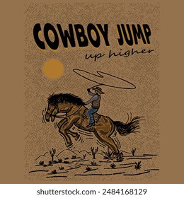 vintage vector design of a cowboy riding a jumping horse