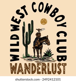 vintage vector design of a cowboy skull riding a horse with a cactus tree behind him