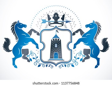 Vintage vector design element. Retro style label composed using horse illustration, monarch crown and medieval tower.