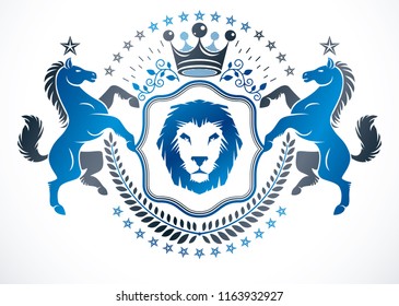 Vintage vector design element. Retro style label composed using graceful horses and wild lion illustration, royal crown and laurel wreath