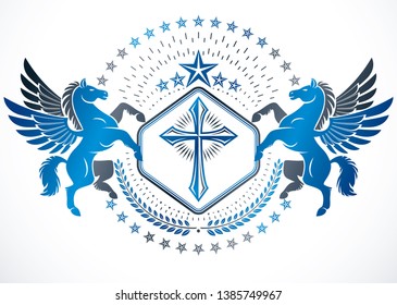 Vintage vector design element. Retro style label created using graceful Pegasus, religious cross and hatchets.