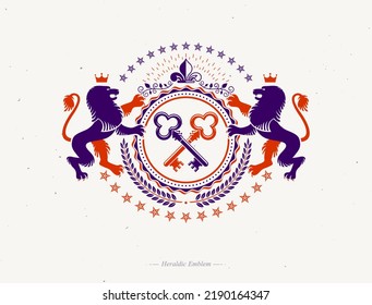 Vintage vector design element. Retro style label composed with wild lion illustration, security keys and monarch crown.