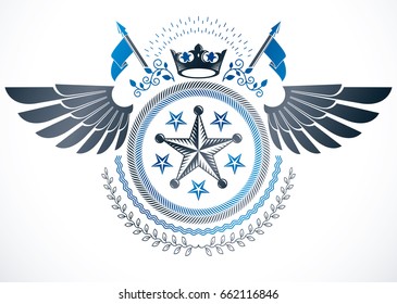 Vintage vector design element. Retro style winged label created using monarch crown, pentagonal stars and laurel wreath