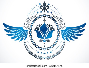 Vintage vector design element. Retro style winged label decorated using lily flower, pentagonal stars and laurel wreath