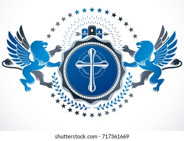 Vintage vector design element. Retro style label composed with religious cross, ancient castle and pentagonal stars.