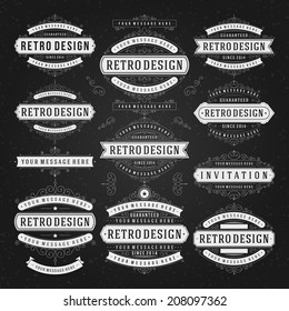 Vintage vector design elements chalk style. Retro style typographic, flourishes and calligraphic elements. Labels, ribbons, ornaments decorations, badges, stamps, sale signs set 