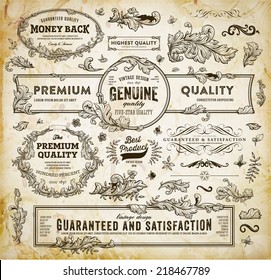 Vintage Vector Design Elements Collection. Retro Style Typographic Labels, Frames, Tags, Stamps and Emblems Set. Vintage Paper Background Texture. Floral Patterns and Ornaments for Invitations.