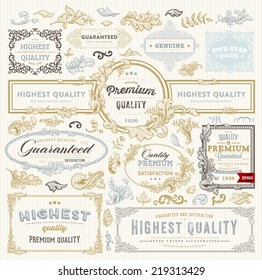 Vintage Vector Design Elements Collection. Retro Style Typographic Labels, Frames, Tags, Stamps and Emblems Set. Floral Patterns and Ornaments for Invitations. Modern Colors Version.