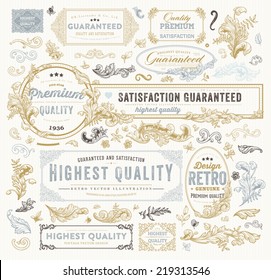 Vintage Vector Design Elements Collection. Retro Style Typographic Labels, Frames, Tags, Stamps and Emblems Set. Floral Patterns and Ornaments for Invitations. Modern Colors Version.