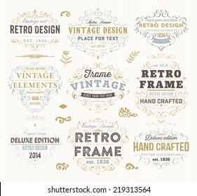 Vintage Vector Design Elements Collection. Retro Style Typographic Labels, Frames, Tags, Stamps and Emblems Set. Floral Patterns and Ornaments for Invitations. Modern Colors Version.