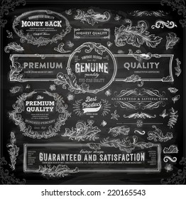 Vintage Vector Design Elements Collection. Retro Style Typographic Labels, Frames, Tags, Stamps and Emblems Set. Floral Patterns and Ornaments for Invitations. Modern Colors Version. Chalkboard.