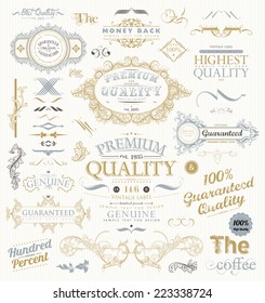 Vintage Vector Design Elements Collection. Retro Style Typographic Labels, Frames, Tags, Stamps and Emblems Set. Floral Patterns and Ornaments for Invitations. Modern Colors Version. 