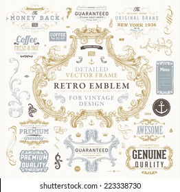 Vintage Vector Design Elements Collection. Retro Style Typographic Labels, Frames, Tags, Stamps and Emblems Set. Floral Patterns and Ornaments for Invitations. Modern Colors Version. 