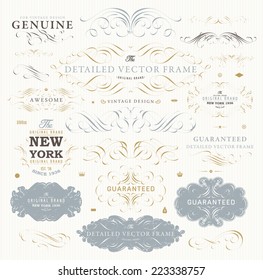 Vintage Vector Design Elements Collection. Retro Style Typographic Labels, Frames, Tags, Stamps and Emblems Set. Floral Patterns and Ornaments for Invitations. Modern Colors Version. 