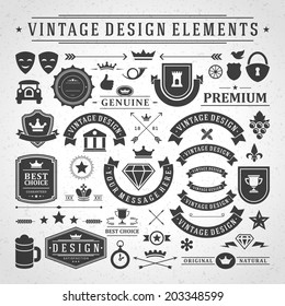 Vintage vector design elements. Retro style golden typographic labels,  tags, badges, stamps, arrows and emblems set. 