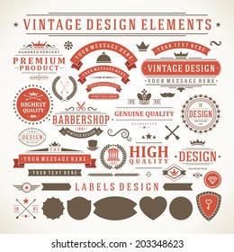 Vintage vector design elements. Retro style typographic, flourishes and calligraphic objects.Labels, ribbons, symbols, tags, badges, stamps, arrows and emblems set. 