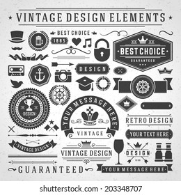 Vintage vector design elements. Retro style golden typographic labels,  tags, badges, stamps, arrows and emblems set. 