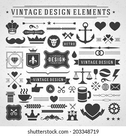 Vintage vector design elements. Retro style golden typographic labels,  tags, badges, stamps, arrows and emblems set. 