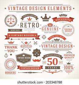 Vintage vector design elements. Retro style typographic, flourishes and calligraphic objects.Labels, ribbons, symbols, tags, badges, stamps, arrows and emblems set. 