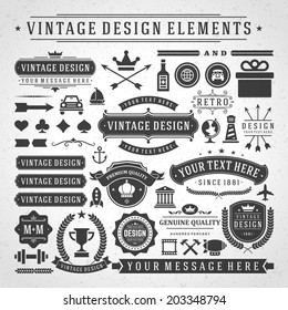 Vintage vector design elements. Retro style golden typographic labels,  tags, badges, stamps, arrows and emblems set. 