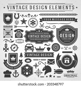 Vintage vector design elements. Retro style golden typographic labels,  tags, badges, stamps, arrows and emblems set. 