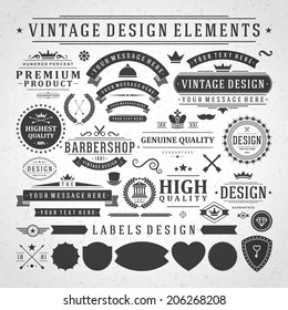 Vintage vector design elements. Retro style golden typographic labels, tags, badges, stamps, arrows and emblems set. 